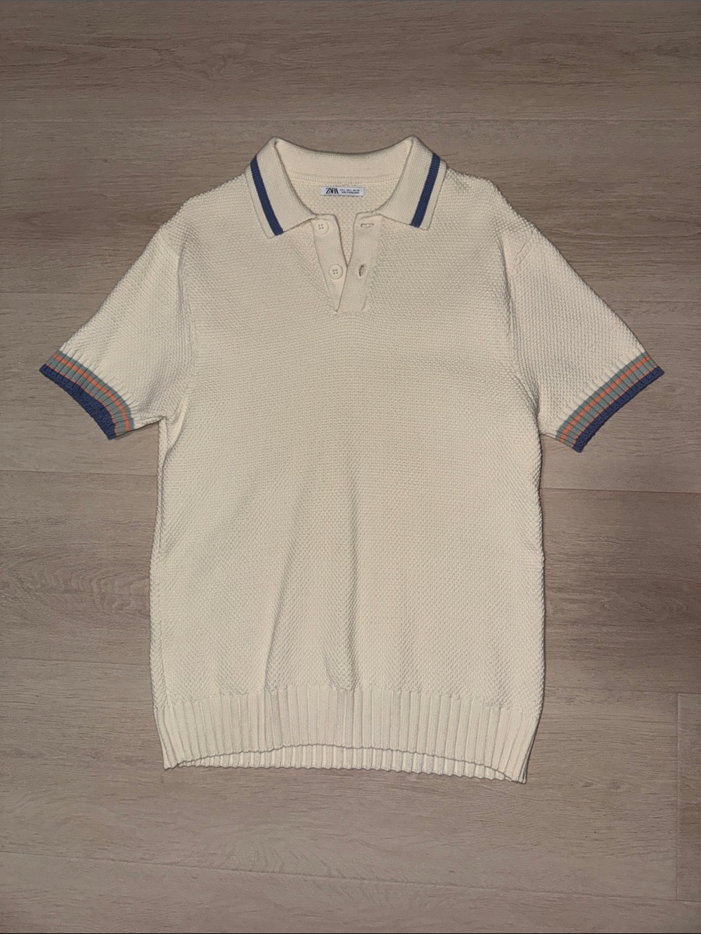 Zara Cream Short-Sleeve Knit Polo with Blue/Orange/Teal Trim